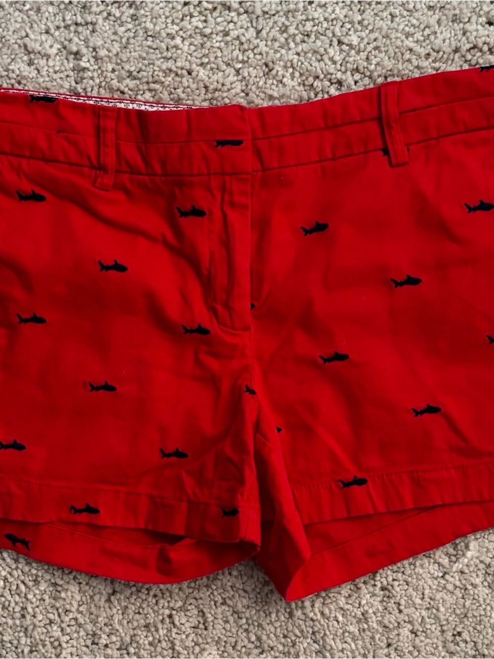 British Khaki Red Bermuda Shorts with Navy Shark Embroidery Size 10